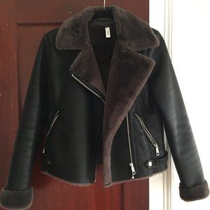 Mango Black Faux Leather Jacket with Grey Faux Fur